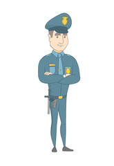 Caucasian confident smiling policeman in uniform standing with folded arms. Full length of young confident policeman with folded arms. Vector sketch cartoon illustration isolated on white background.