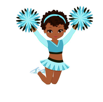 Cheerleader in turquoise uniform with Pom Poms.Vector illustration isolated on white background. 