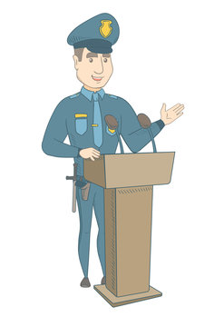 Caucasian policeman speaking to audience from the tribune. Policeman standing behind the tribune with microphones and giving a speech. Vector sketch cartoon illustration isolated on white background.