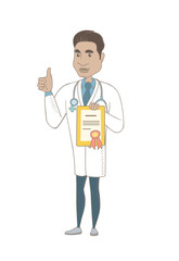 Hispanic doctor holding a certificate and giving thumb up. Young doctor in medical gown showing a certificate and thumb up. Vector sketch cartoon illustration isolated on white background.