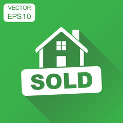 Sold house icon. Business concept sold pictogram. Vector illustration on green background with long shadow.