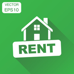 Rent house icon. Business concept rent pictogram. Vector illustration on green background with long shadow.