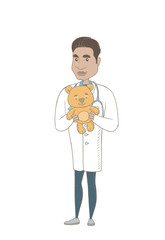 Hispanic pediatrician doctor holding a teddy bear. Pediatrician standing with a teddy bear. Young pediatrician in medical gown. Vector sketch cartoon illustration isolated on white background.