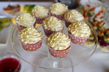 Candy bar served with cupcakes with vanilla cream on glass stand, selective focus. Holiday candy bar