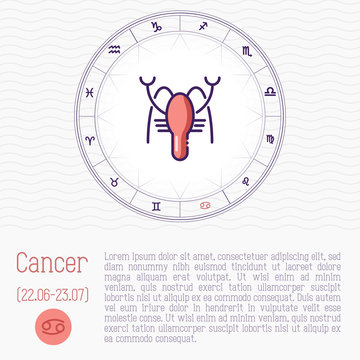 Cancer in zodiac wheel, horoscope chart with place for text. Thin line vector illustration.