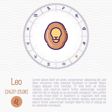Leo in zodiac wheel, horoscope chart with place for text. Thin line vector illustration.