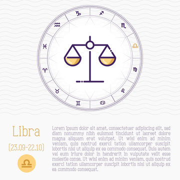 Libra in zodiac wheel, horoscope chart with place for text. Thin line vector illustration.