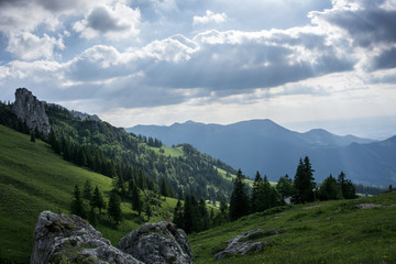 Beautiful landscape in bavaria, green hills with clouds. 