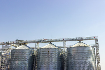 Cereal silos under the blue sky. Industrial storage.