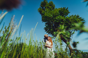 Beautiful bride and groom couple walking at the wedding