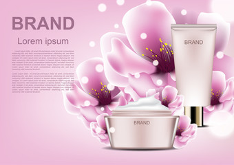 Cosmetic ads template, cosmetic products with pink blooming flowers