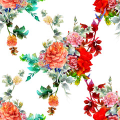 Watercolor painting of leaf and flowers, seamless pattern on white background