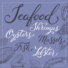 Fish, shrimp, oyster and mussels template with brush calligraphy