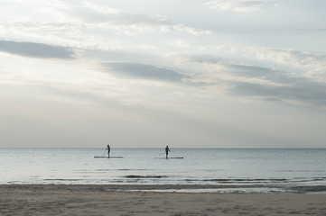 Men surfing with stand up paddle boards on calm water at sunset in the sea. calm weather, tranquil atmosphere