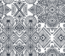 Black and white ethnic seamless pattern with hand drawn elements