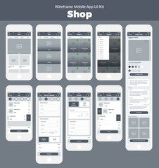 Fototapeta na wymiar Wireframe UI kit for mobile phone. Mobile App Shop; Category, product, cart, delivery, shipping, and payment screens