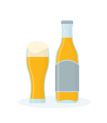 Glass of beer and bottle. Isolated on white background. Flat style, vector illustration. 