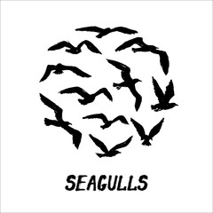 Seagulls - grunge round pattern with hand-drawn birds with text