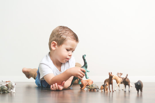 Toddler playing animals versus dinosaurs in bedroom
