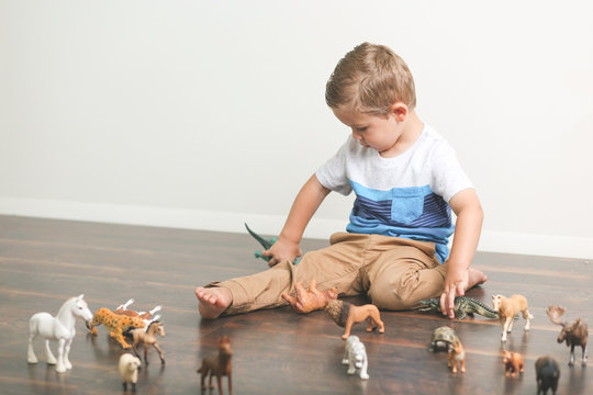 Toddler playing animals versus dinosaurs in bedroom