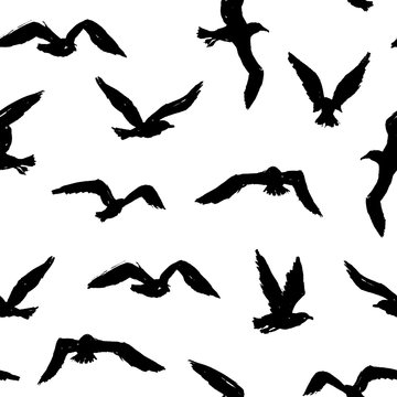 Seagulls - grunge seamless pattern with hand-drawn birds