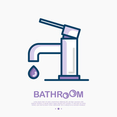 Faucet thin line icon with water drop. Modern vector illustration for logo of plumber, bathroom equipment shop.