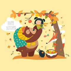 Funny bear with cute girl harvesting apples