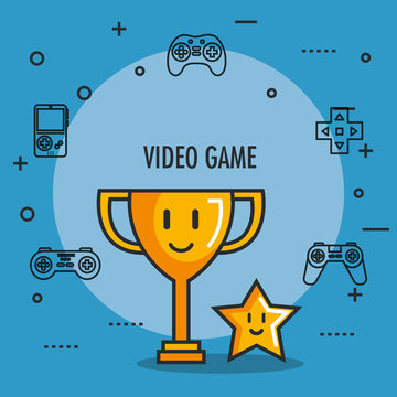 video game trophy and star award button icons vector illustration