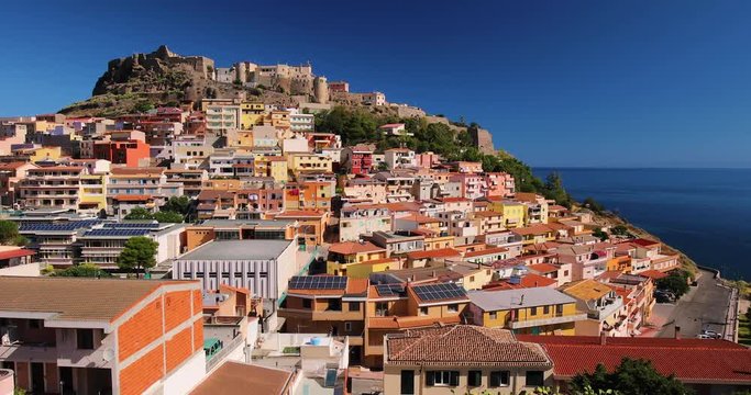 Colorful houses and ancient Castle in Castelsardo town, Sardinia, Italy
