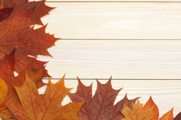 autumn background with colored leaves on wooden board. top view with copy space