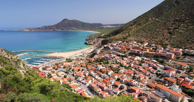 Buggerru town near Portixeddu beach and San Nicolo, Sardinia, Italy.
