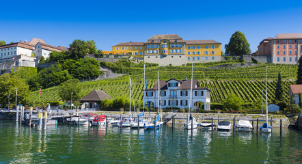 Fototapeta na wymiar The port of Meersburg with the state winery Meersburg above - Meersburg, Lake Constance, Baden-Wuerttemberg, Germany, Europe