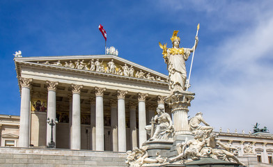 Statue of Pallas Athena with golden helmet near Parliament, Vienna, Austria
