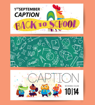 Vector collection of cartoon back to school cards with cute animal students