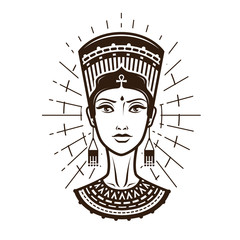 Portrait of beautiful young woman, girl in ethnic outfit. Egypt, Africa logo or label. Vintage vector illustration - obrazy, fototapety, plakaty