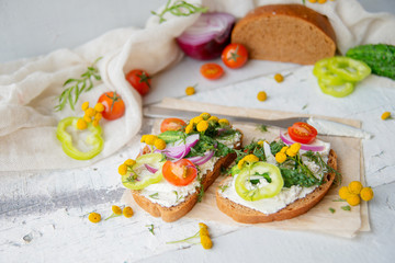 Promegranate green sourdough open face sandwiches toast