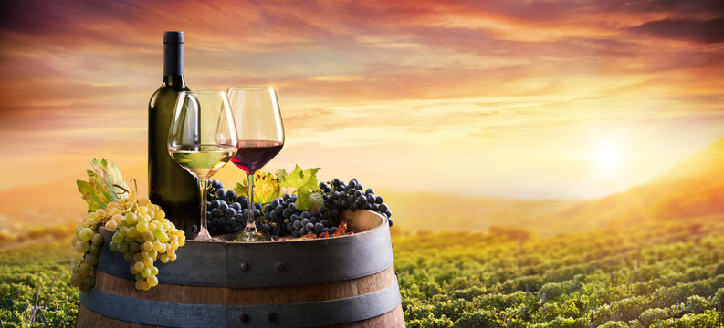 Fototapeta Bottle And WineGlasses On Barrel In Vineyard At Sunset  