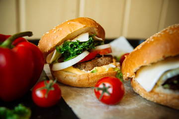 Homemade hamburger with fresh vegetables