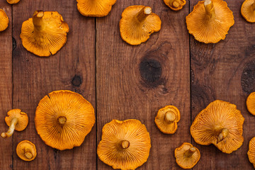 brown wooden background with bright orange mushrooms chanterelles