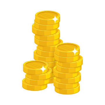 Stack gold coins isolated cartoon. Bunches of gold coins for designers and illustrators. Gold stacks of pieces in the form of a vector illustration