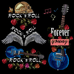 Embroidery music collection. Rock elements for clothes. Guitar, gothic roses, angel wings, human skull, music notes. Embroidery fashion music art