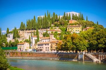 Obraz premium Teatro Romano and castel San Pietro on Adige river in Verona, Veneto region, Italy.