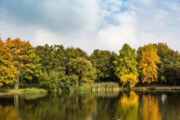 Herbstaufnahme an einem See mit bunten Bäumen