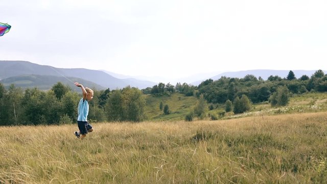 The boy runs and launches a snake in the mountains Kite