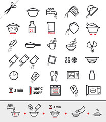 Kitchen icons for cooking instructions. Vector elements on white background. Detailed for any scale. Can be used for packaging, labeling, design, advertising, etc.