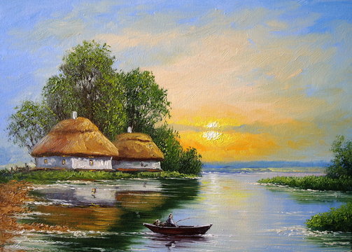 Ukrainian landscape, fisherman, river, oil paintings.