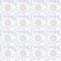 Vintage seamless pattern of moon, sun, clouds, stars