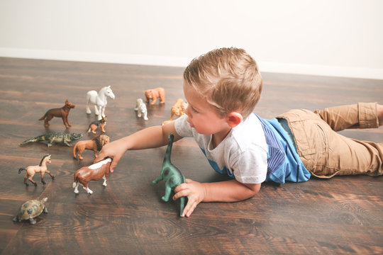 Lifestyle of little boy playing with animal action figures