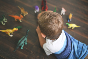 Little boy playing at home with dinosaur toy figures