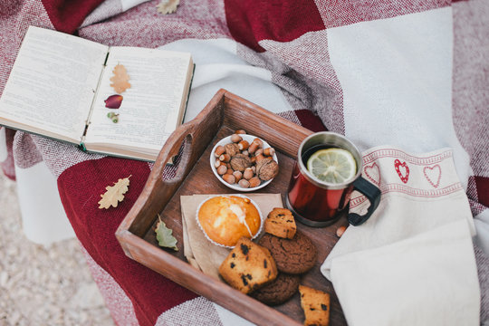 Cozy autumn picnic with tea and cookies